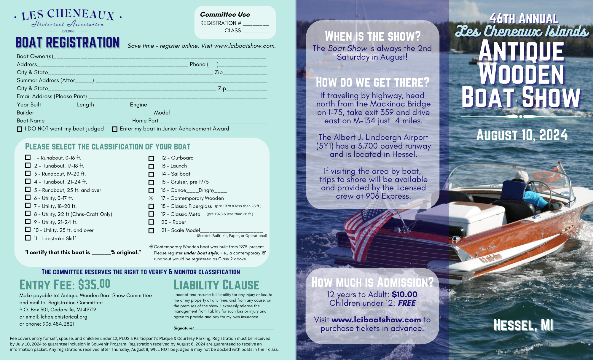 Promotional flyer for the 46th Annual Les Cheneaux Islands Antique Wooden Boat Show on August 10, 2024.