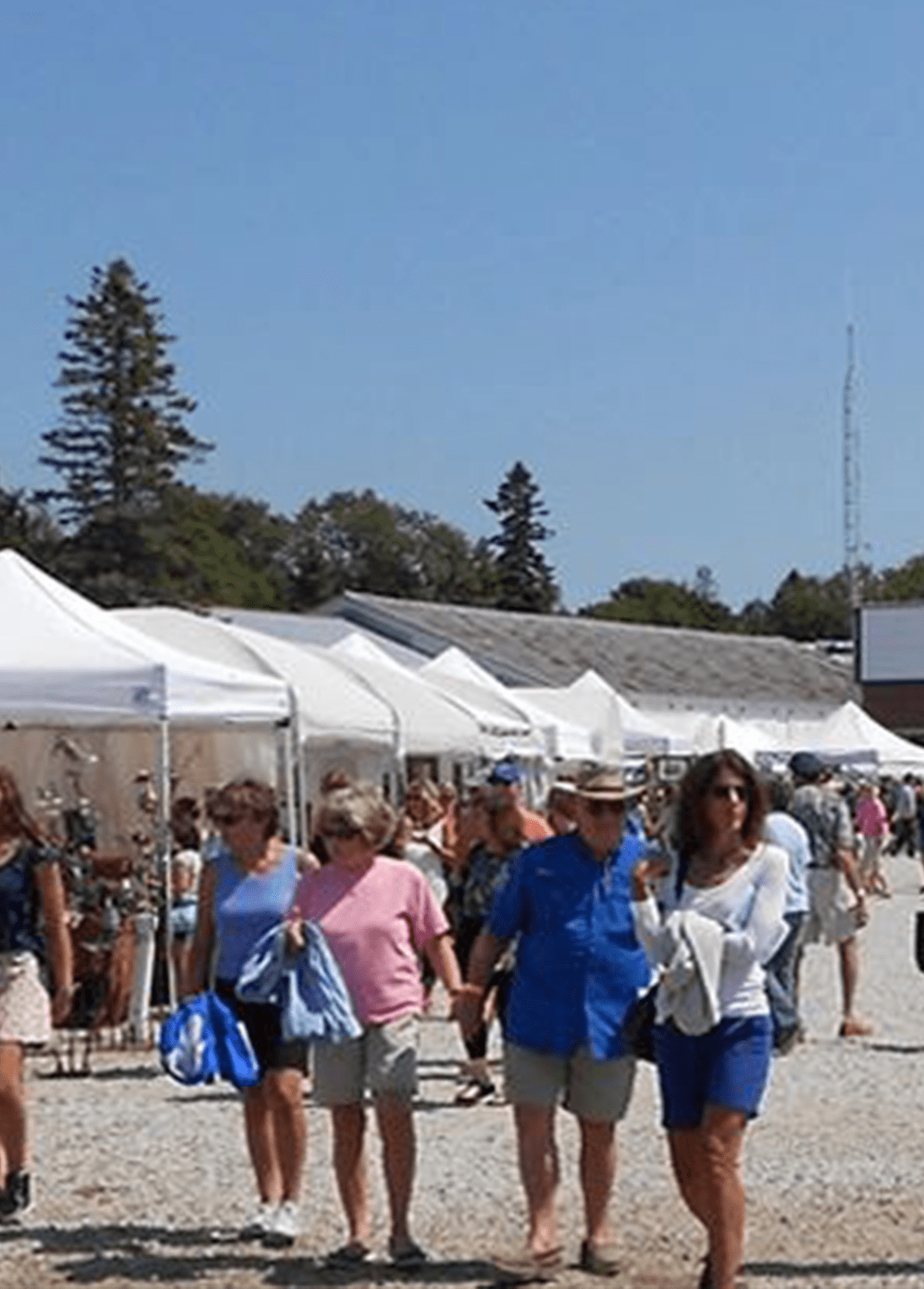 People browsing outdoor stalls at a boat show with white tents and trees in the background on a sunny day.