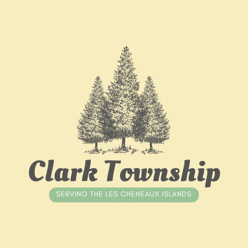 Clark Township logo featuring three detailed pine trees above the text "Clark Township" with a tagline "Serving the Les Cheneaux Islands" below.