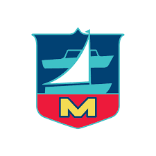 Mertaugh Boat Works logo featuring a shield with a blue background, a sailboat in the center, and a red lower section with a yellow "M" in the middle.