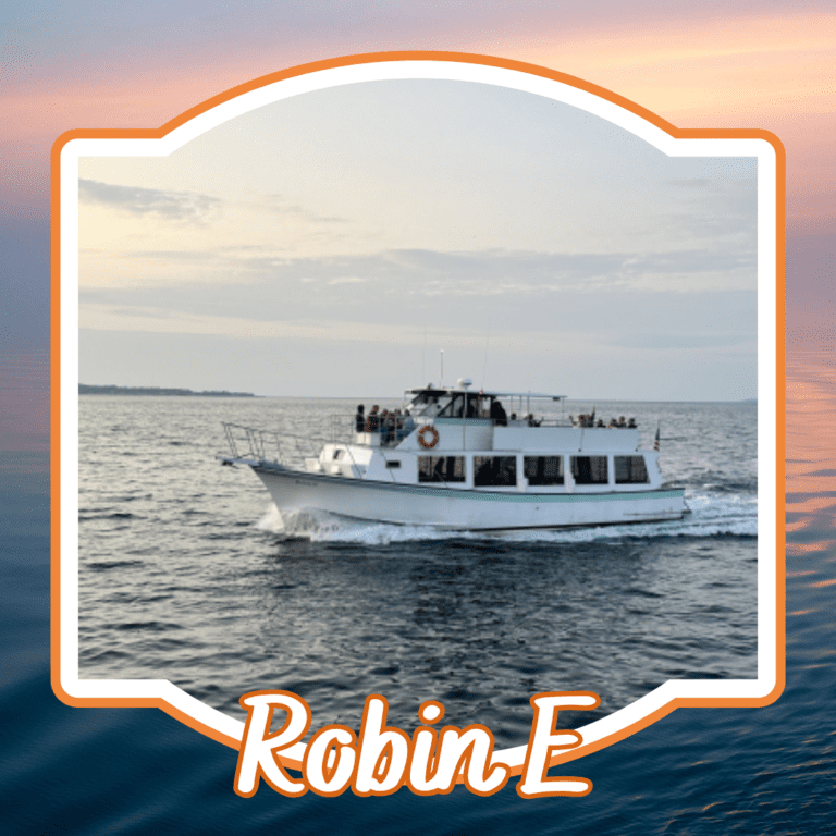 The Robin E boat cruising on the water at sunset, with "Robin E" written in bold orange text over a scenic ocean background.
